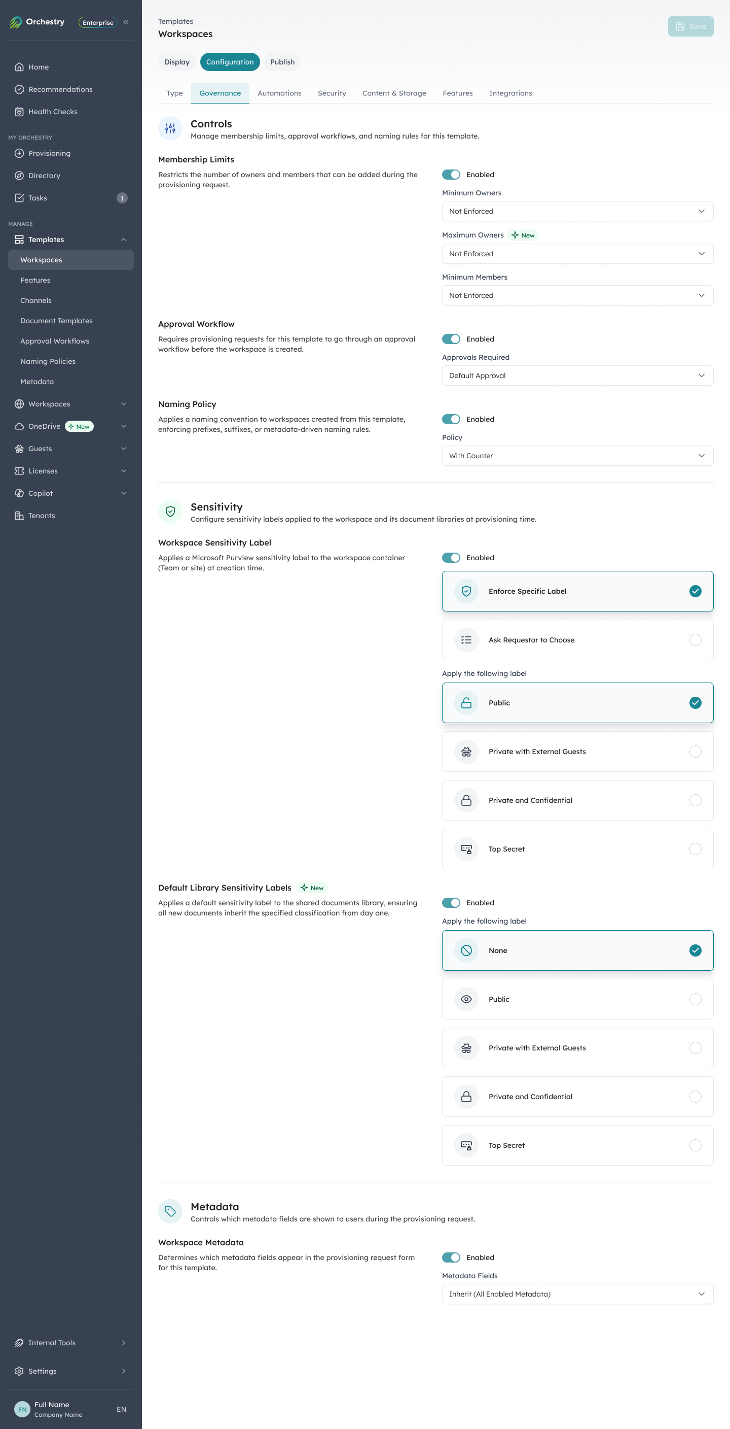 Orchestry provisioning applying naming, ownership, and approval before a workspace is created.