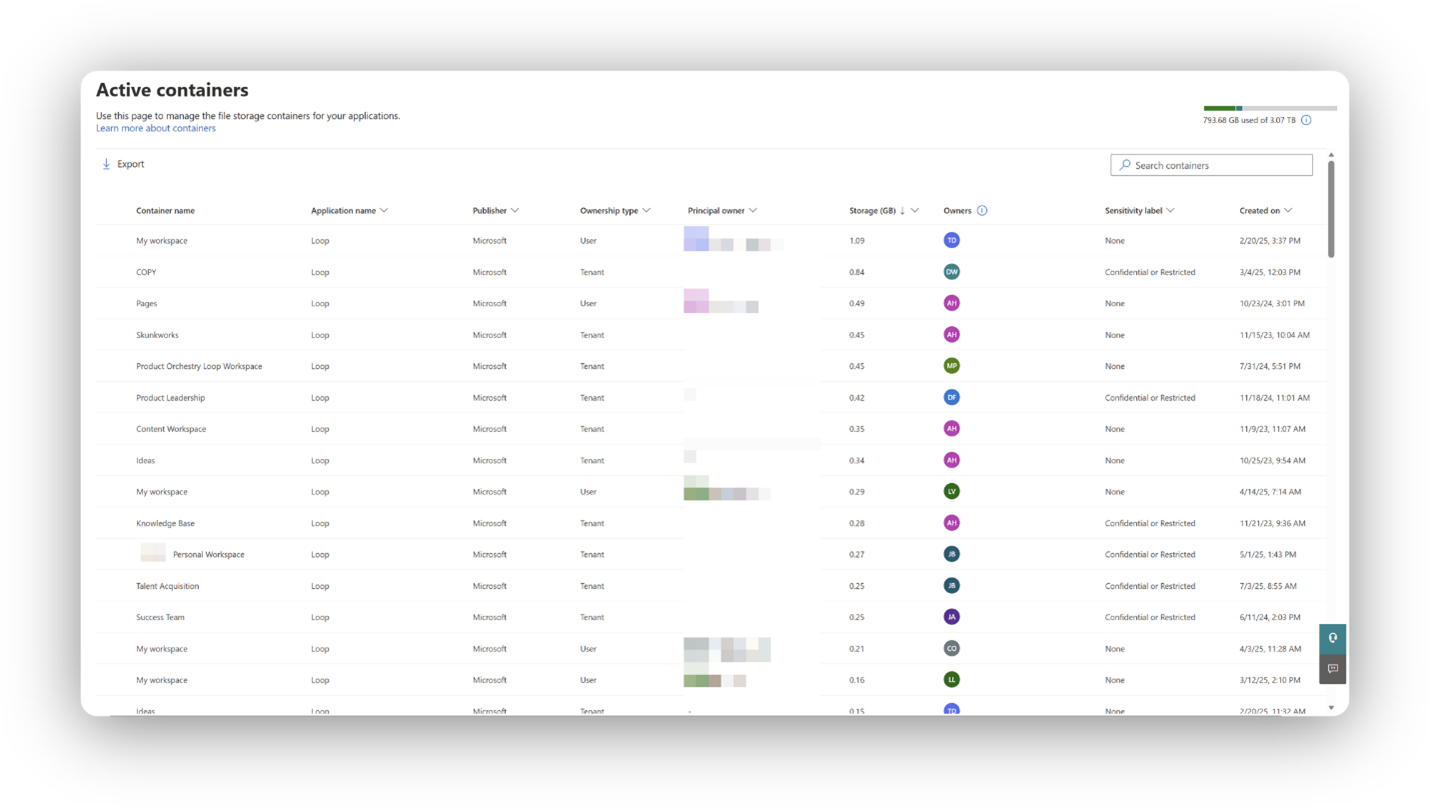 Screenshot of the SharePoint Embedded admin experience showing a list of active containers, including container name, application, billing, managing app, principal owner, storage, and creation date columns