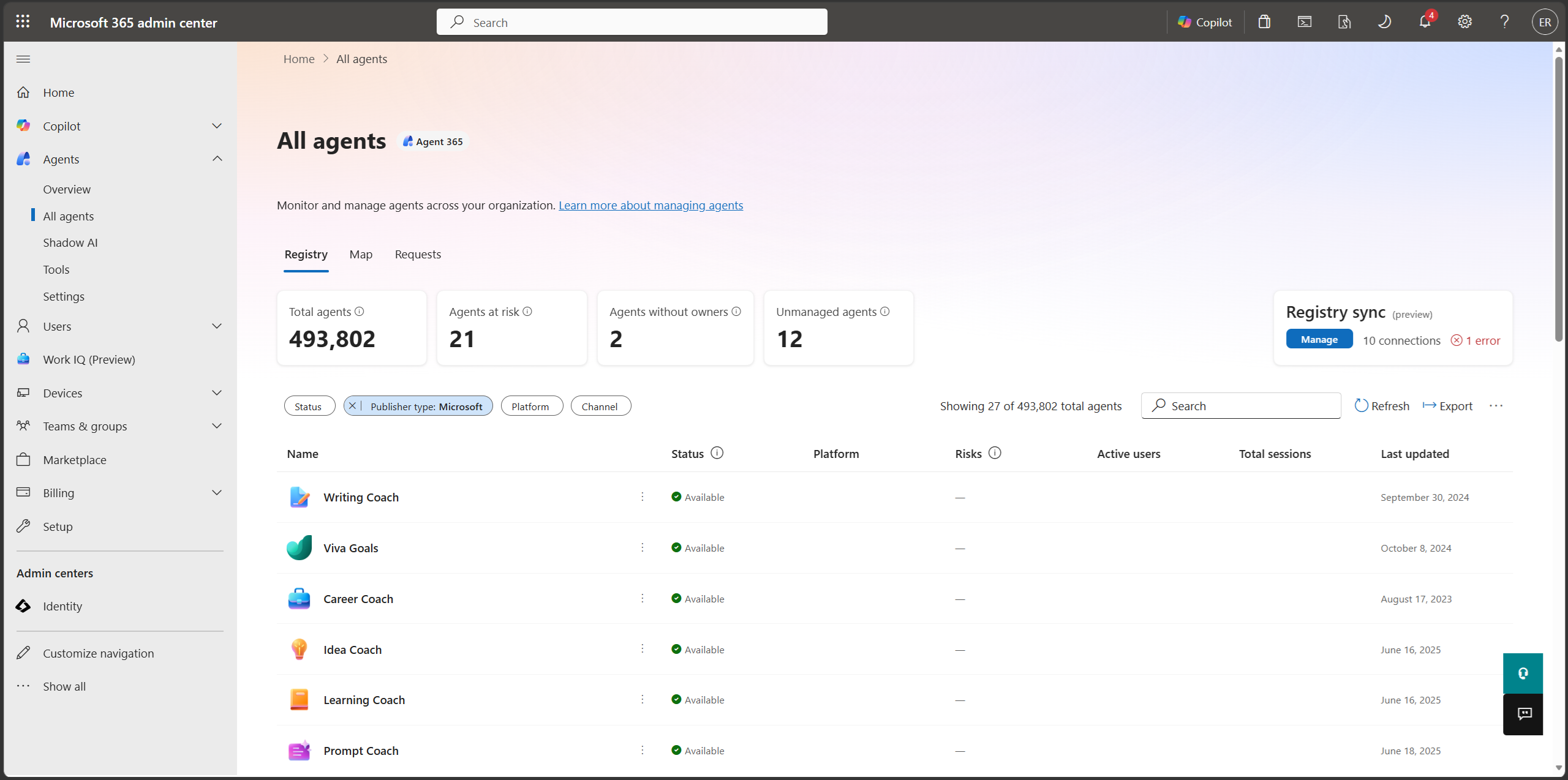 Microsoft Agent 365 agent registry in the Microsoft 365 admin center, showing a tenant's inventory of AI agents