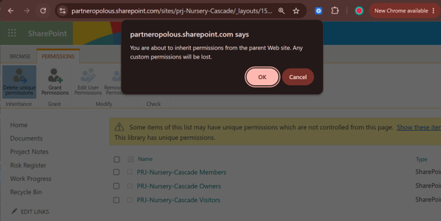 SharePoint native permissions screen showing the "Stop Inheriting Permissions" and "Delete unique permissions" controls.