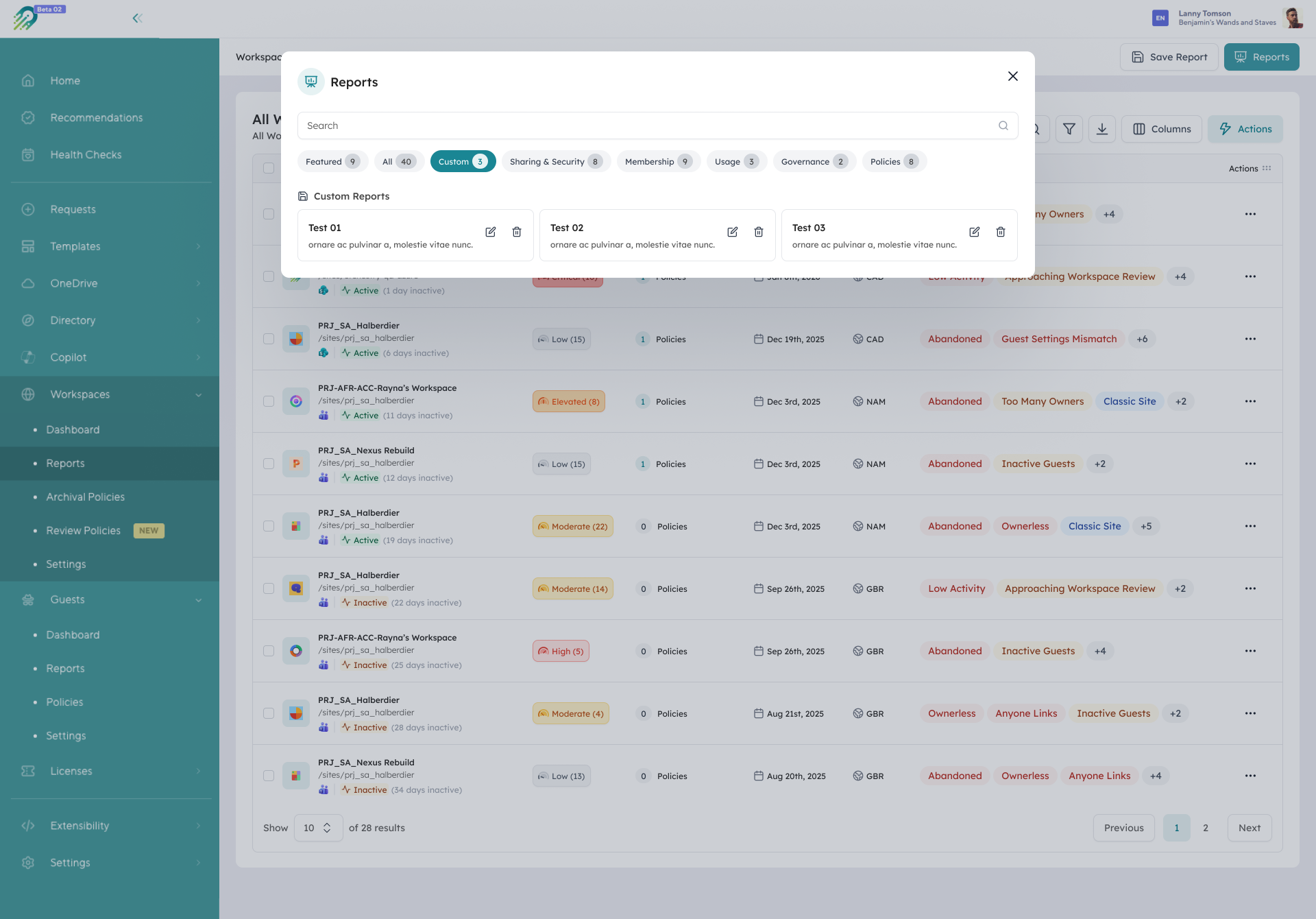 Orchestry Reports panel with saved custom reports and category tabs for sharing, membership, usage, and governance