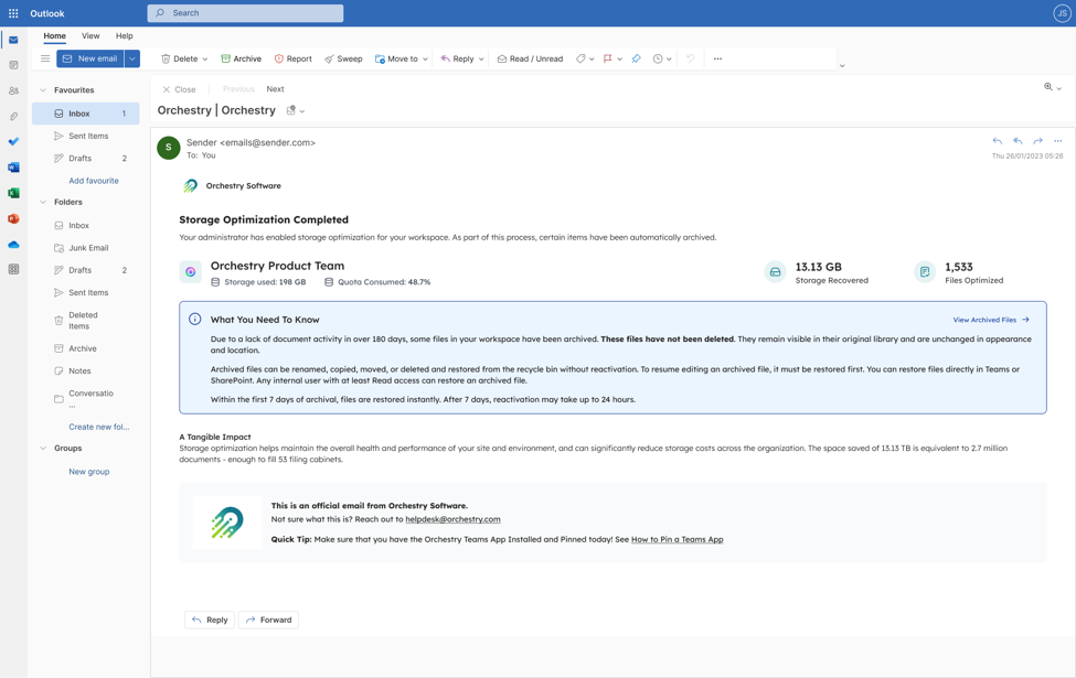 Storage Optimization Completed owner notification email showing storage recovered and files optimized