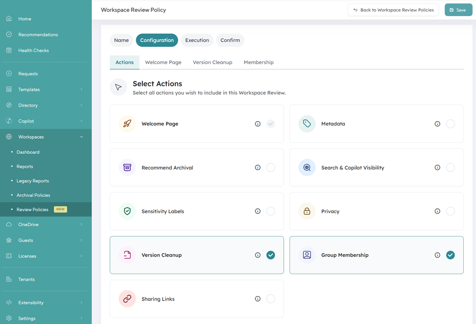 Orchestry Review Policies view showing Workspace Review automations and the active reviews routed to site owners across Microsoft 365 workspaces