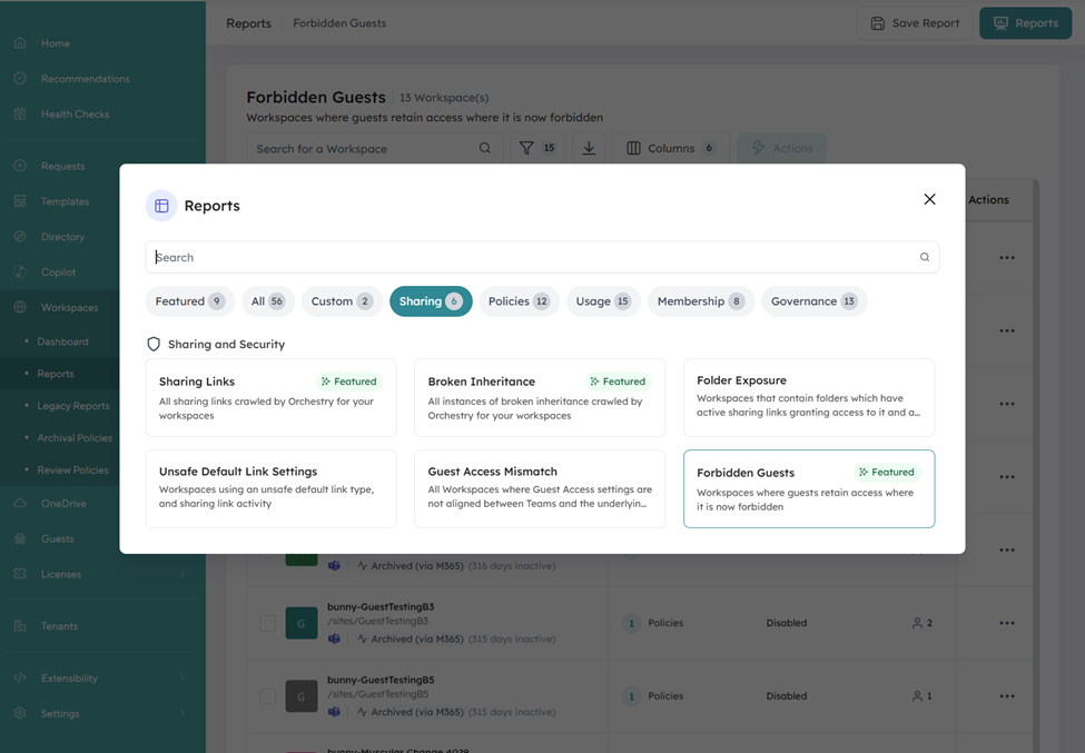 Orchestry Forbidden Guests report showing workspaces with guest access that violates tenant guest-access policy across SharePoint sites and Microsoft 365 workspaces.