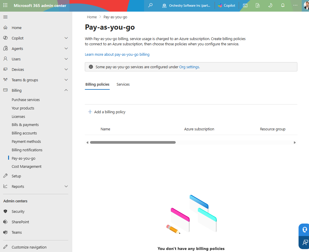 Pay-as-you-go billing page in the Microsoft 365 admin center