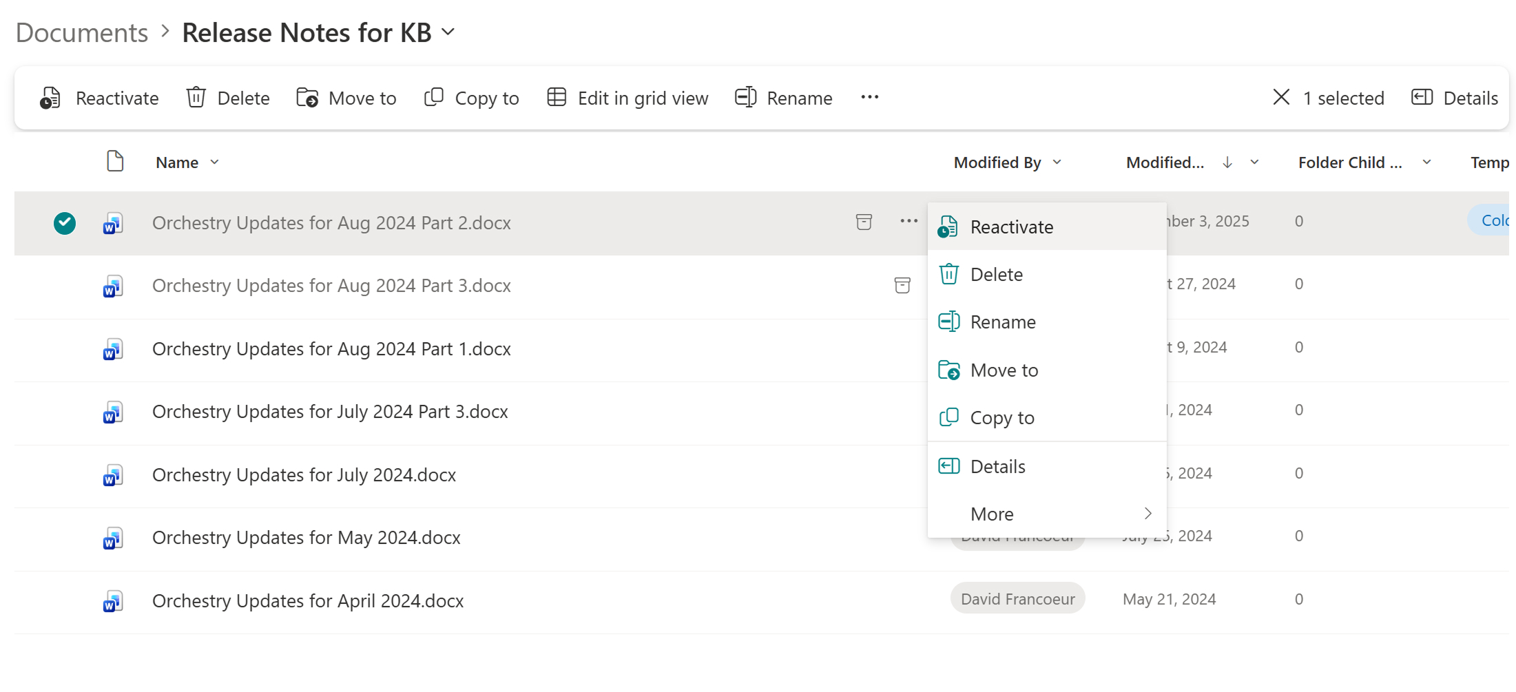 Right-click context menu for an archived SharePoint file showing limited options: Reactivate, Delete, Rename, Move to, Copy to, and Details