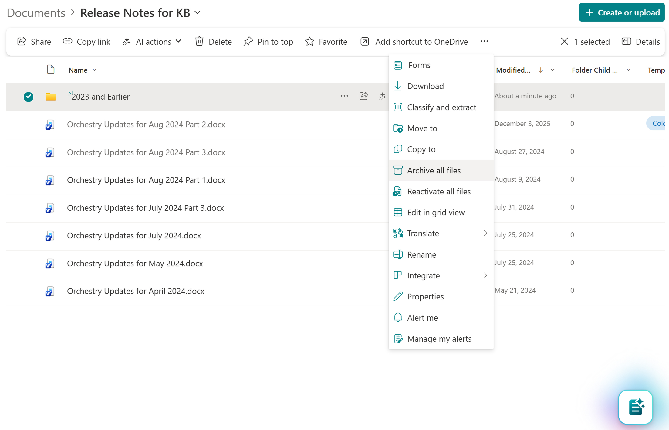 SharePoint folder right-click context menu showing 'Archive all files' and 'Reactivate all files' options