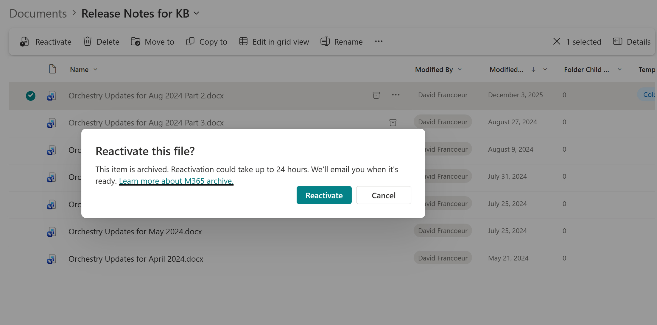 SharePoint dialog asking 'Reactivate this file?' with a note that reactivation could take up to 24 hours