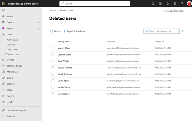Screenshot of the Microsoft 365 Admin Center showing the Deleted Users page with a list of recently deleted user accounts including names, usernames, and deletion dates.