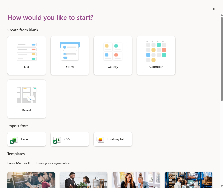 Microsoft Lists "How would you like to start?" screen with blank list, form, gallery, calendar, and board options plus a template gallery