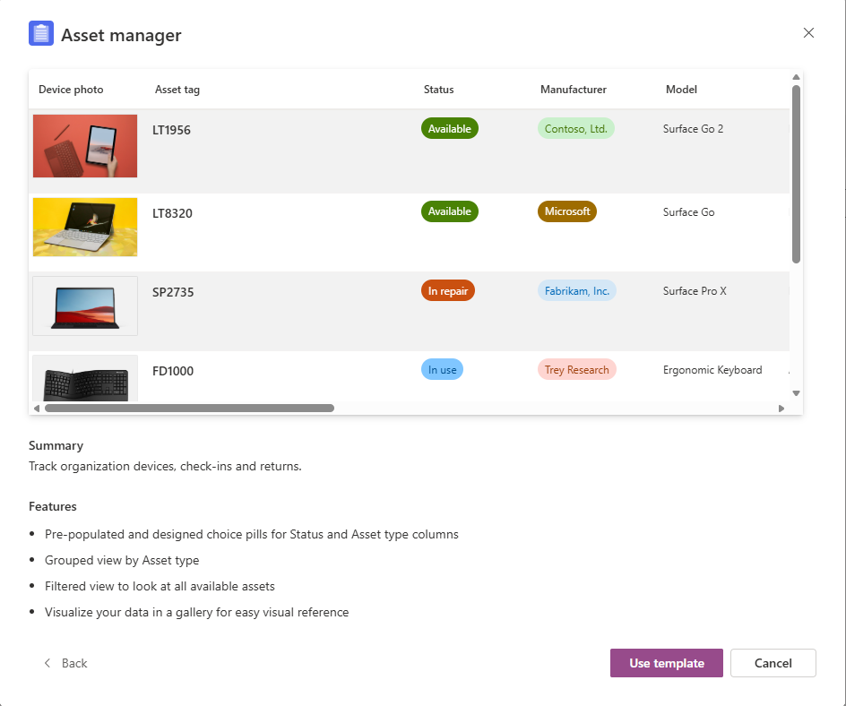 A Microsoft Lists asset tracker using custom columns for device photo, asset tag, status, and manufacturer