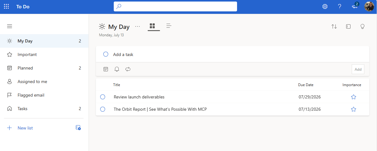 Microsoft To Do My Day view showing a personal task list with flagged Outlook emails and assigned tasks