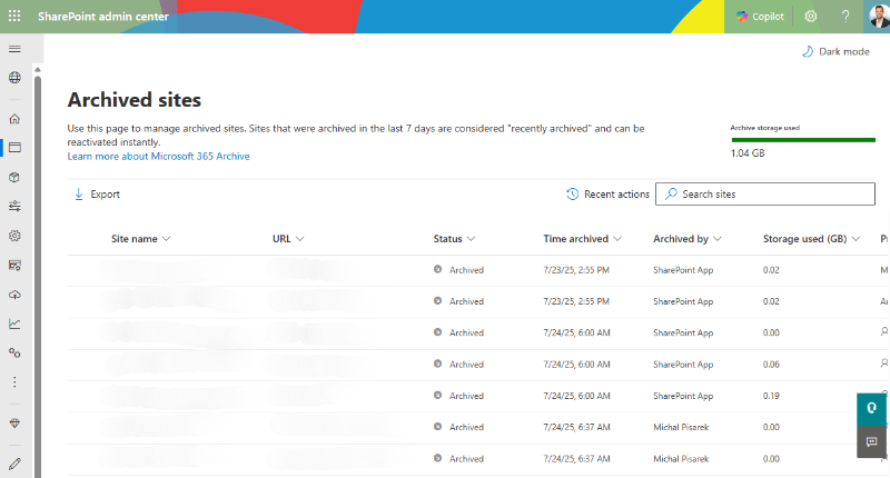 SharePoint Admin Center showing the Archived sites view with site names, archived status, timestamps, and storage used in GB