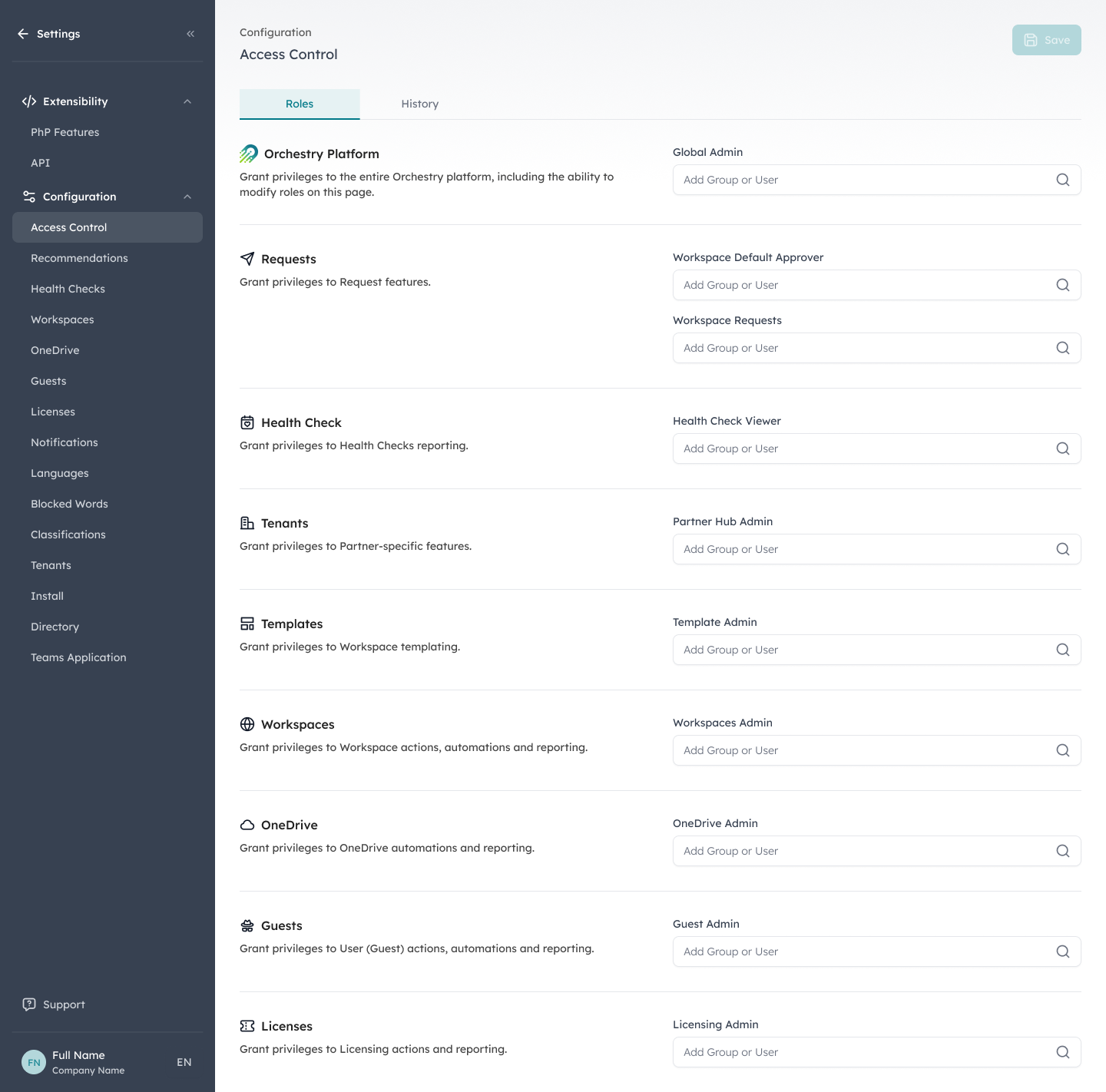 Orchestry Access Control settings showing predefined functional roles including Global Admin, Template Admin, OneDrive Admin, Guest Admin, and Licensing Admin, with fields to assign groups or users to each role.