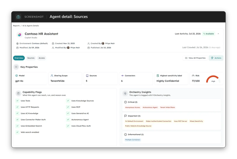 Orchestry agent detail page on the Overview tab, showing key properties, capability flags and Orchestry insights.