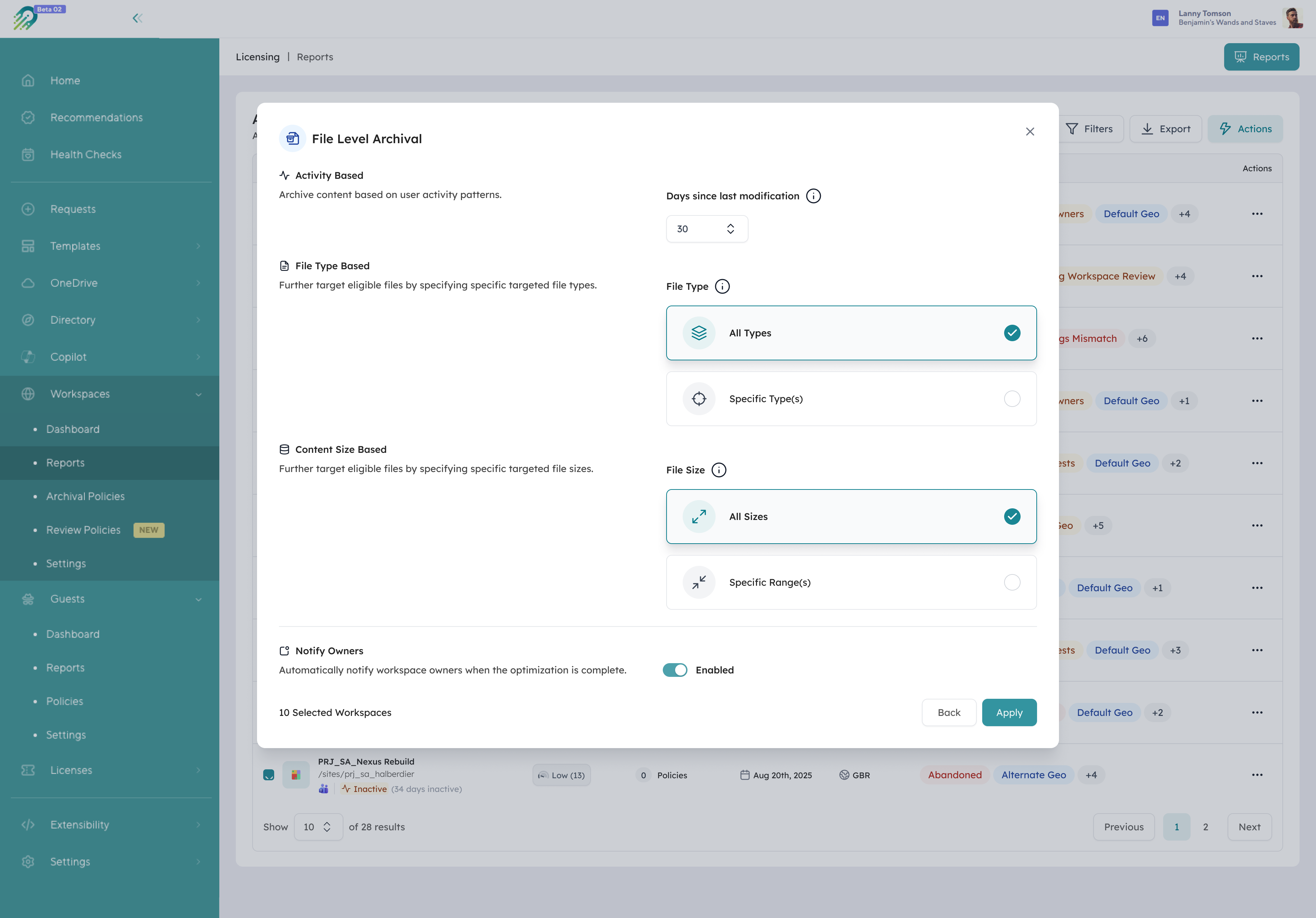 Orchestry file-level archiving configuration screen for choosing how content is archived down to the individual file (early access).
