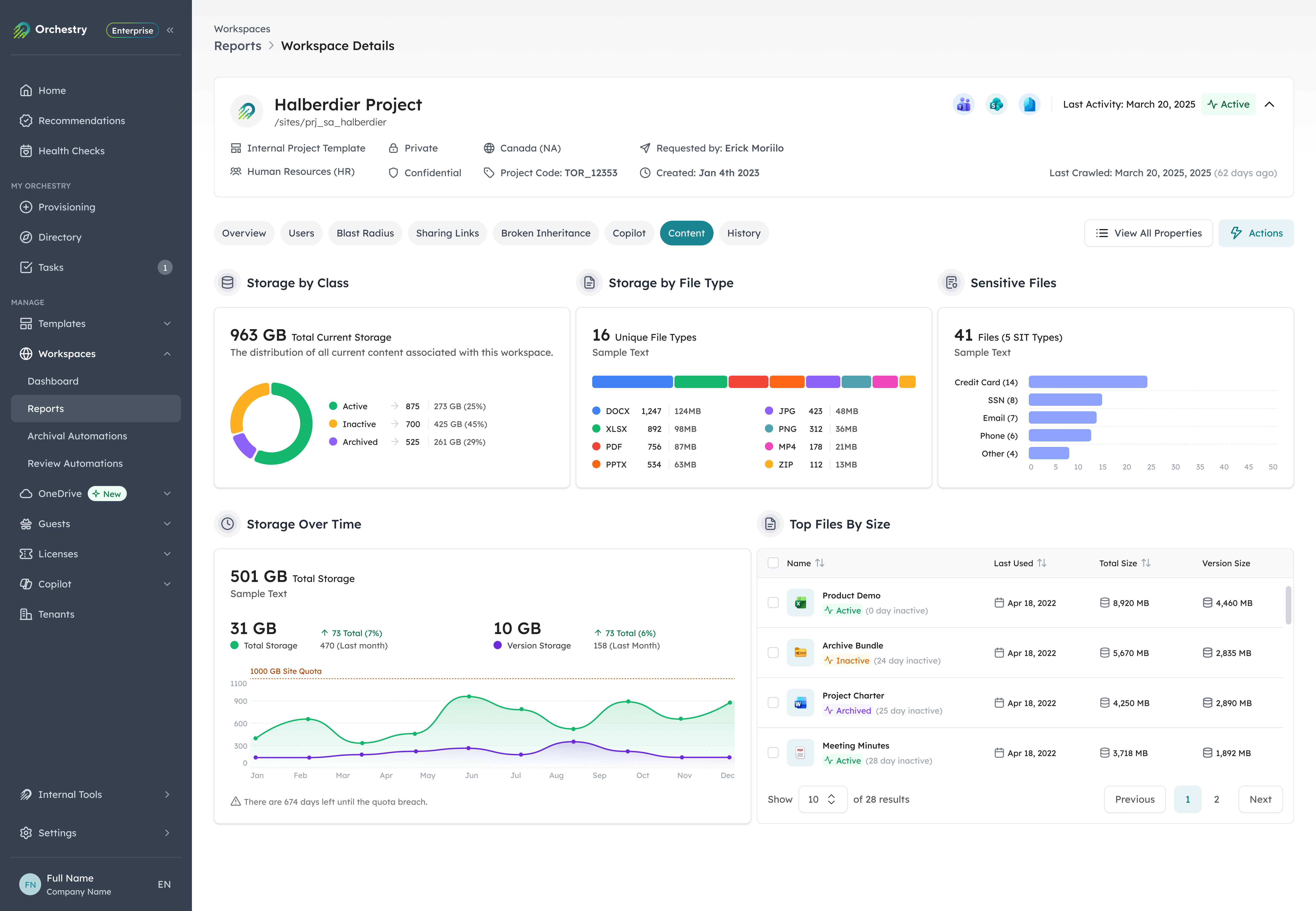 Orchestry workspace content tab showing 963GB total storage broken down by active, inactive, and archived content, with a storage over time trend chart and top files by version size