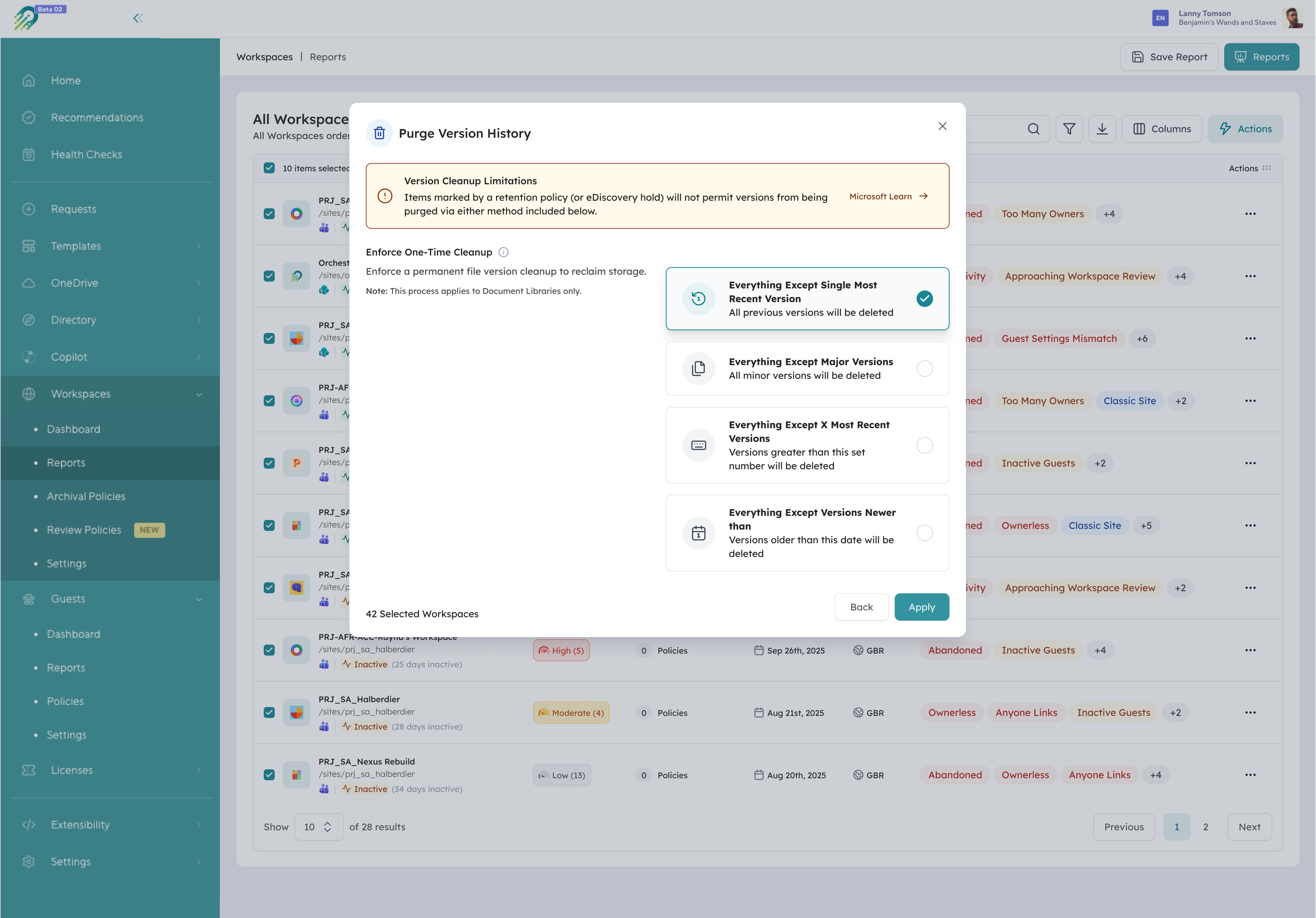 Orchestry bulk purge version history across selected workspaces