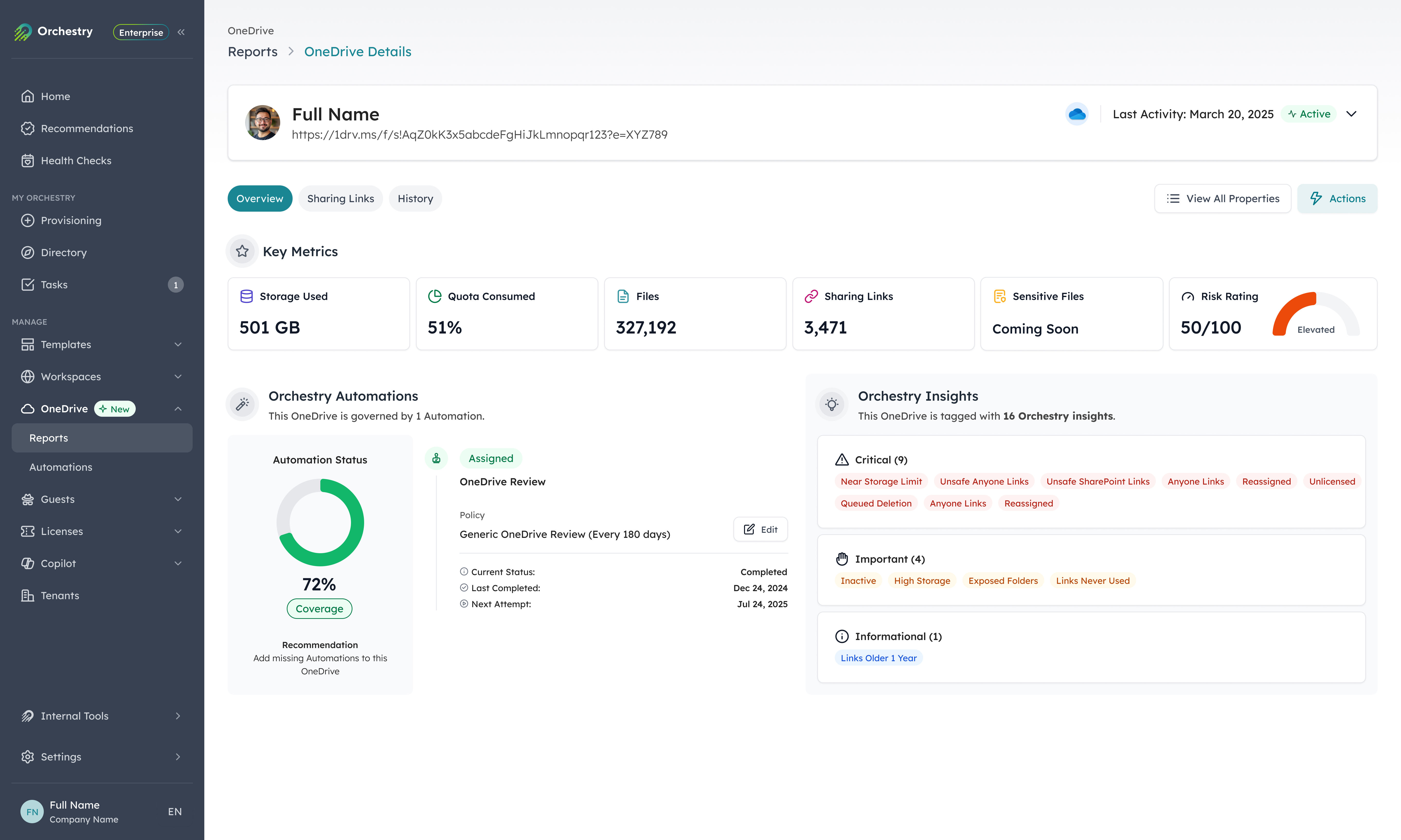 Orchestry OneDrive Details showing key metrics for storage, files, sharing links, and risk rating, alongside automation status with an assigned review policy and governance insights categorized by severity.
