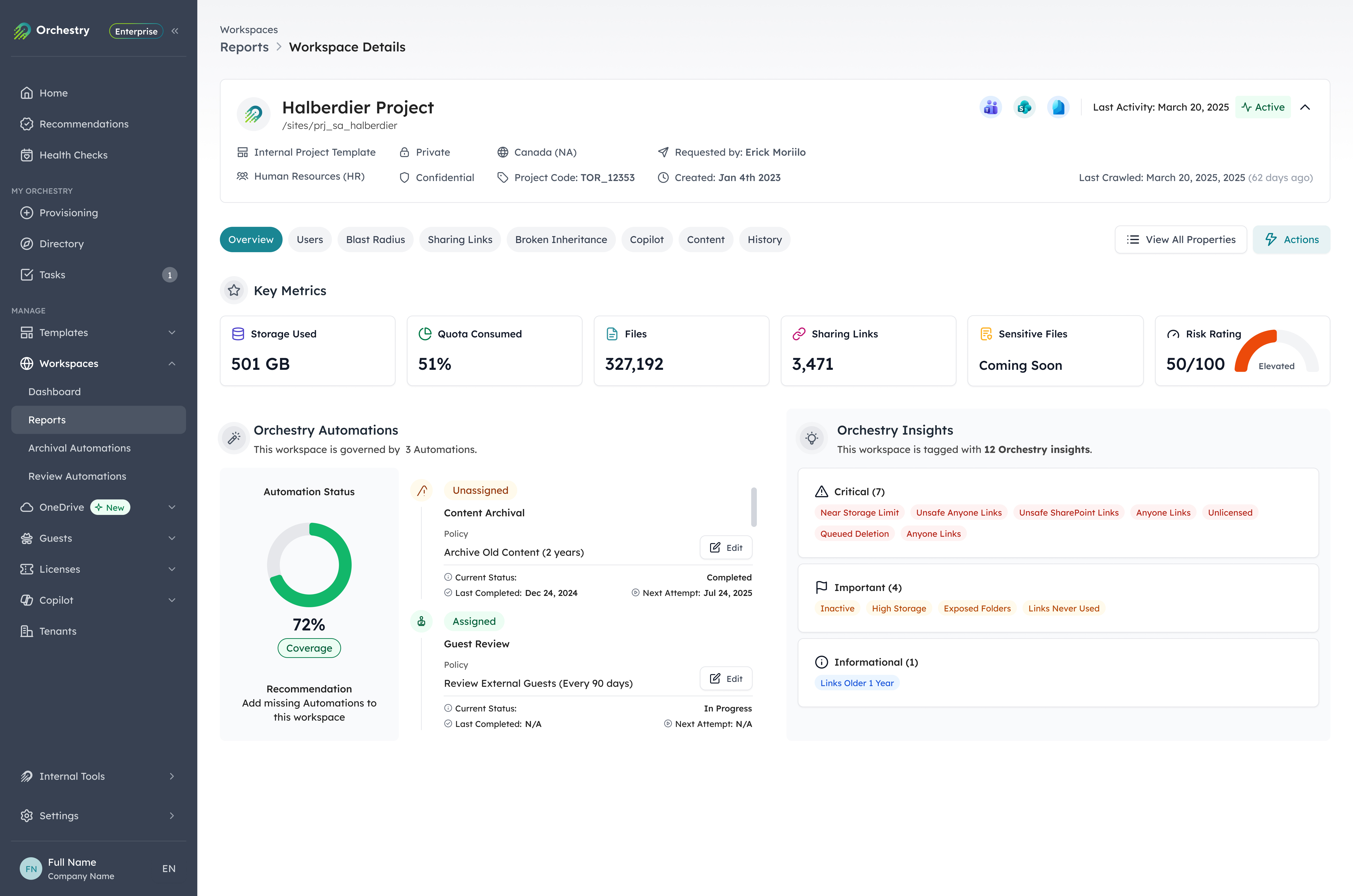 Orchestry workspace overview showing 501GB storage used, 51% quota consumed, and near storage limit flagged as a critical insight alongside active archival and review automations