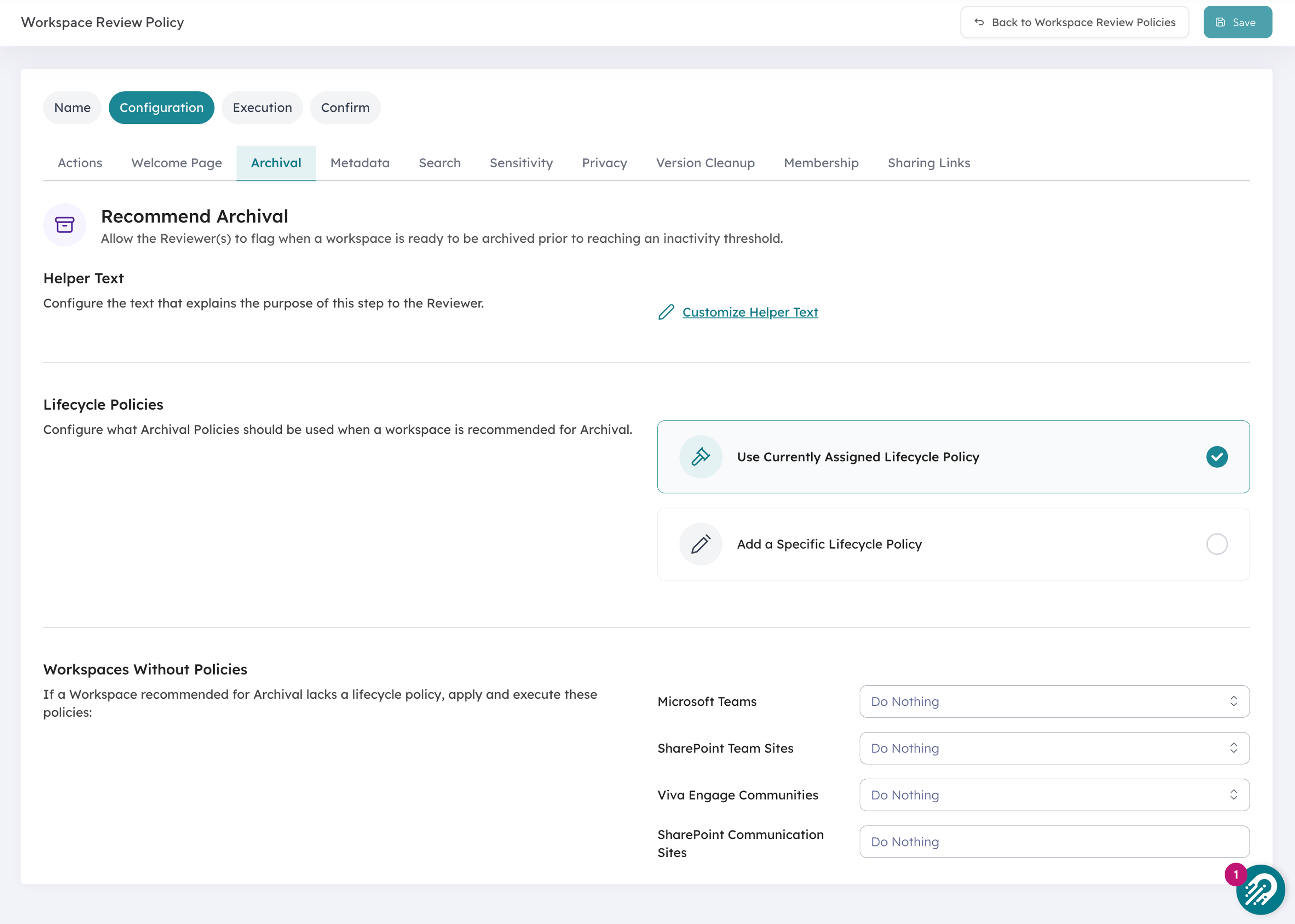 Configuring whole-site archival by workspace type in an Orchestry lifecycle policy