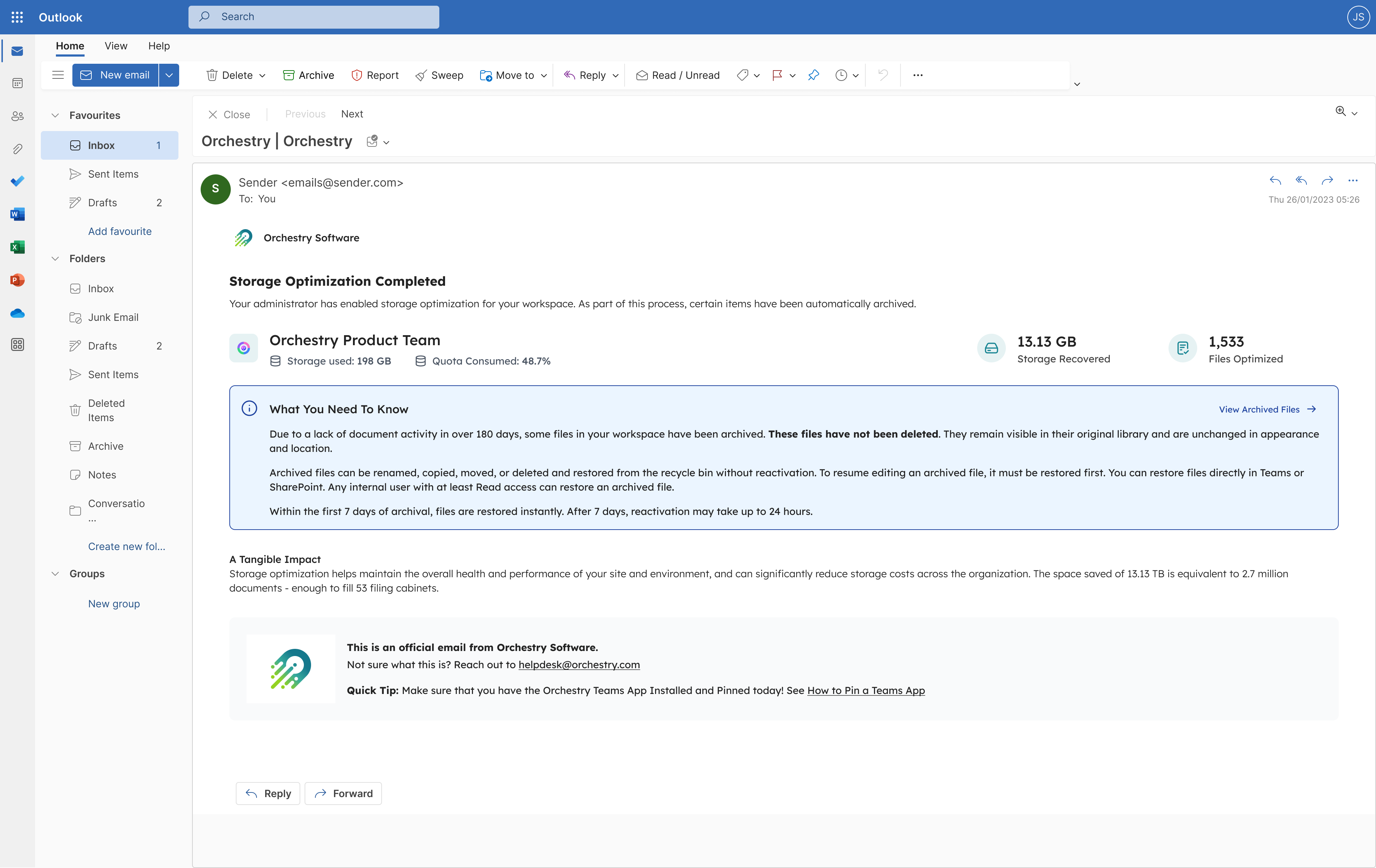 Orchestry 'Storage Optimization Completed' notification sent to a user after their content is archived to the cold-storage tier.