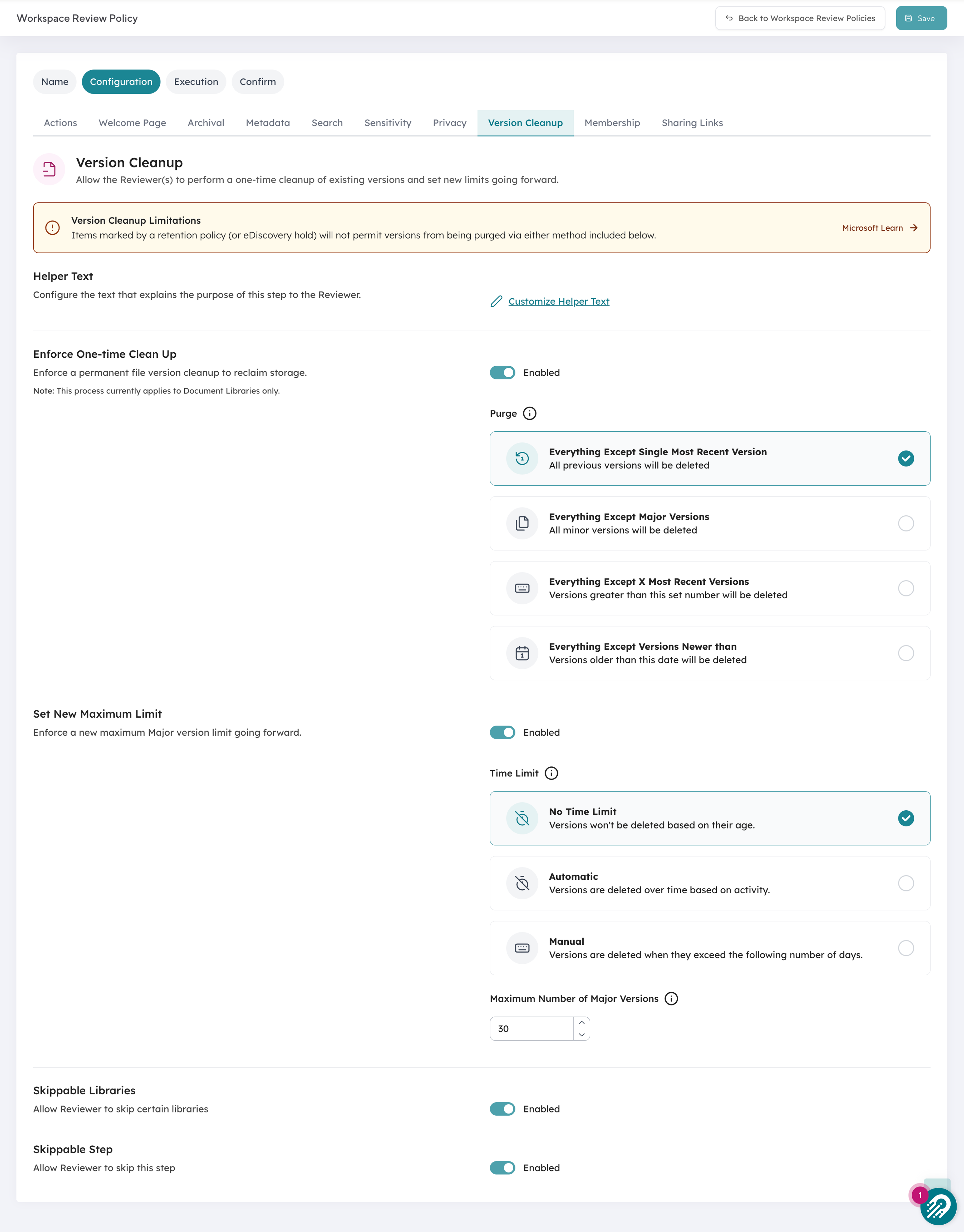 Orchestry workspace review Version Cleanup configuration, showing one-time purge options and a new maximum version limit applied across libraries.