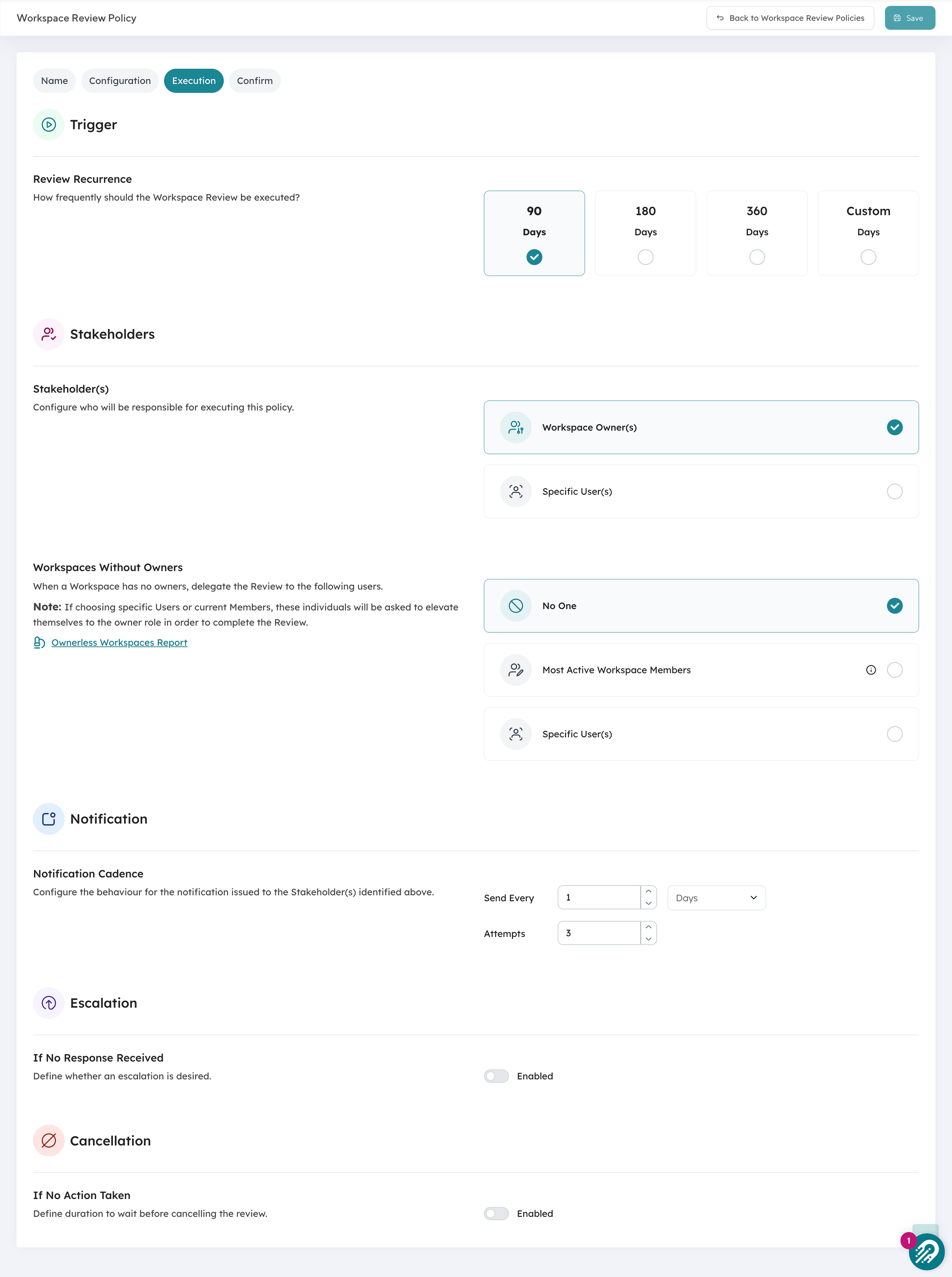 Orchestry workspace review execution settings, with the review routed to workspace owners on a recurring 90-day cycle.