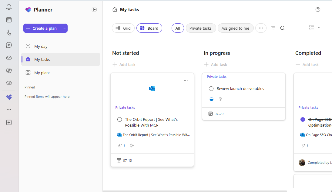 The Planner app in Microsoft Teams showing the My Tasks board grouped by progress into Not started, In progress, and Completed