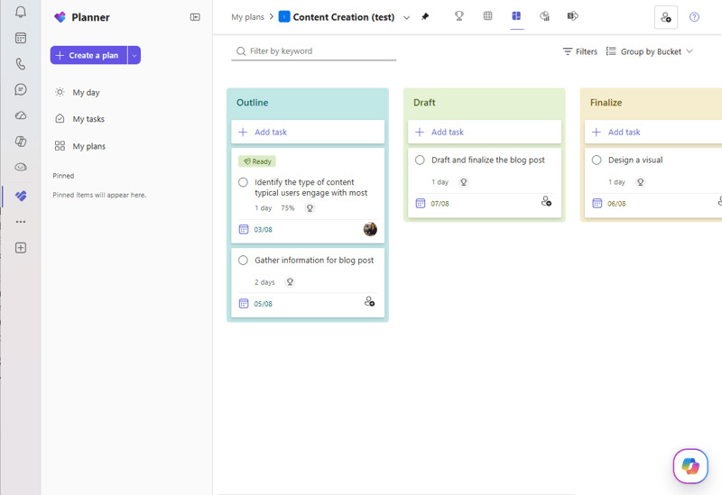 A Microsoft Planner plan in Board view grouped by bucket, with Outline, Draft, and Finalize columns holding task cards