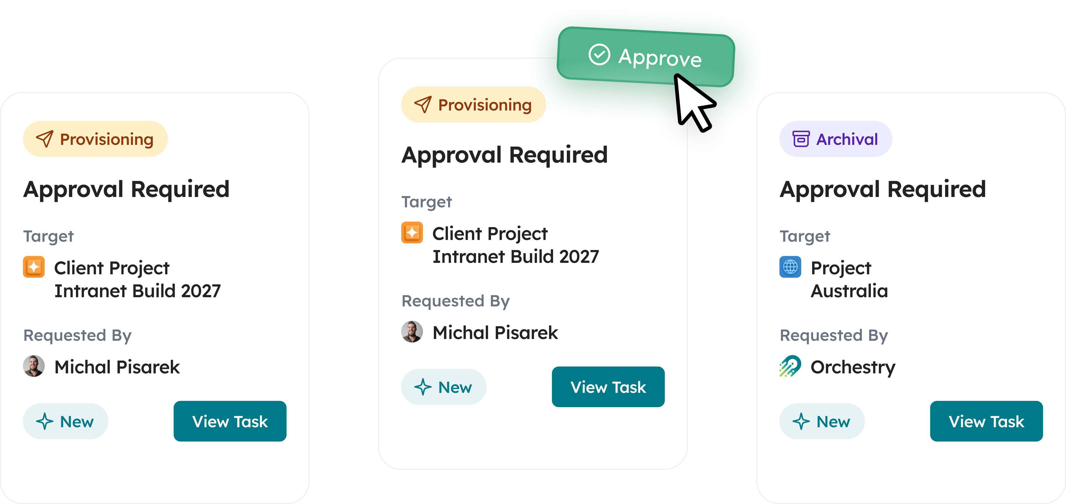 Orchestry provisioning approval request awaiting reviewer sign-off before the workspace is created