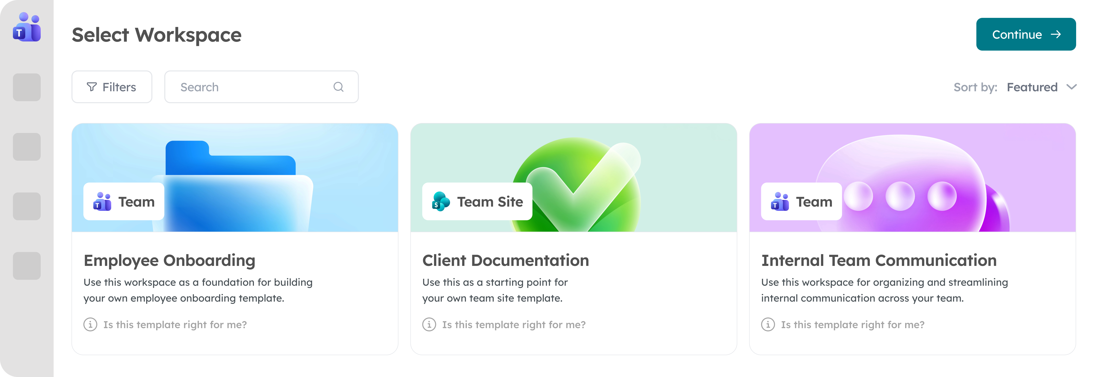 Orchestry self-service provisioning wizard showing preset workspace options for onboarding, client, and external team use