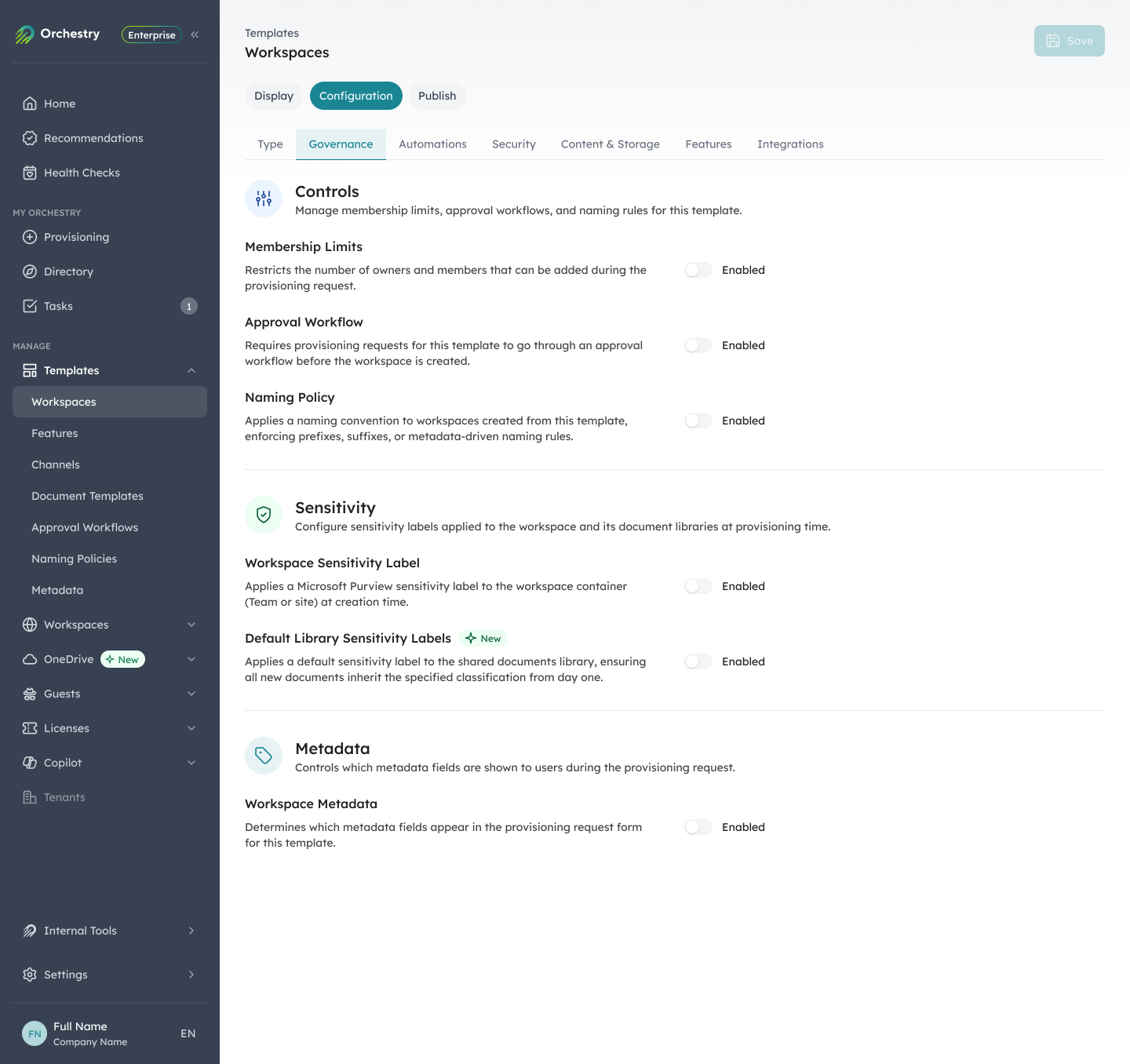 Orchestry provisioning template wizard on the Governance tab with membership limits, naming policy, and sensitivity label controls