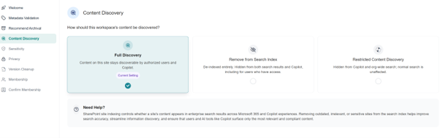 Orchestry workspace review Content Discovery step with Full Discovery, Remove from Search Index and Restricted Content Discovery options.
