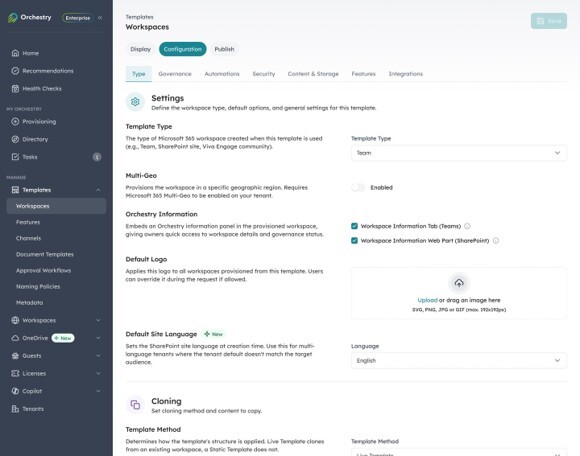 Orchestry template wizard Configuration phase showing all tabs: Type, Governance, Automations, Security, Content & Storage, Features, Integrations