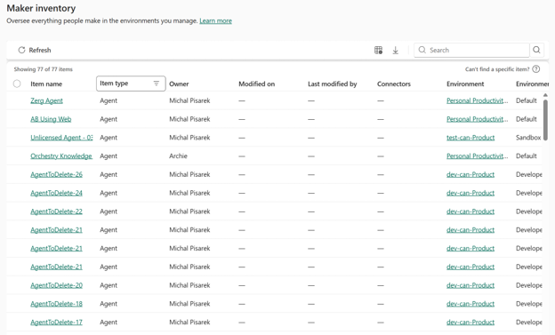 Power Platform admin center inventory filtered to agents, showing the tenant agent count