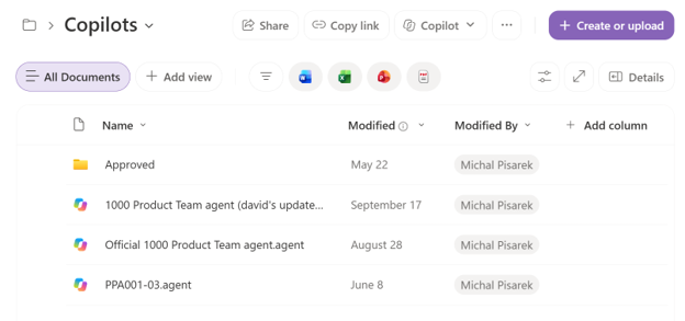 SharePoint Site Assets Copilots folder showing agent files stored as documents in a library