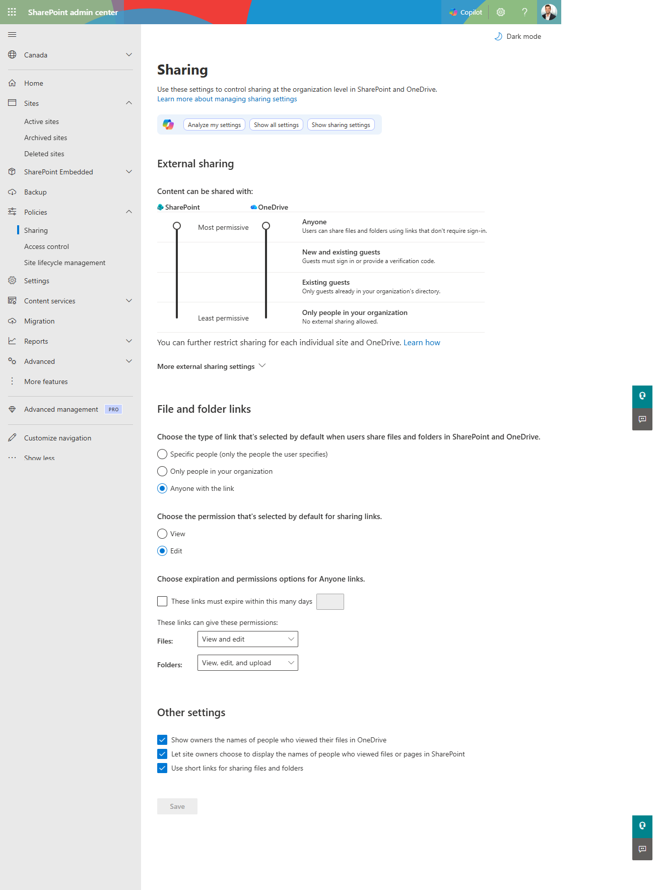 SharePoint admin center sharing policy page showing the four external sharing levels