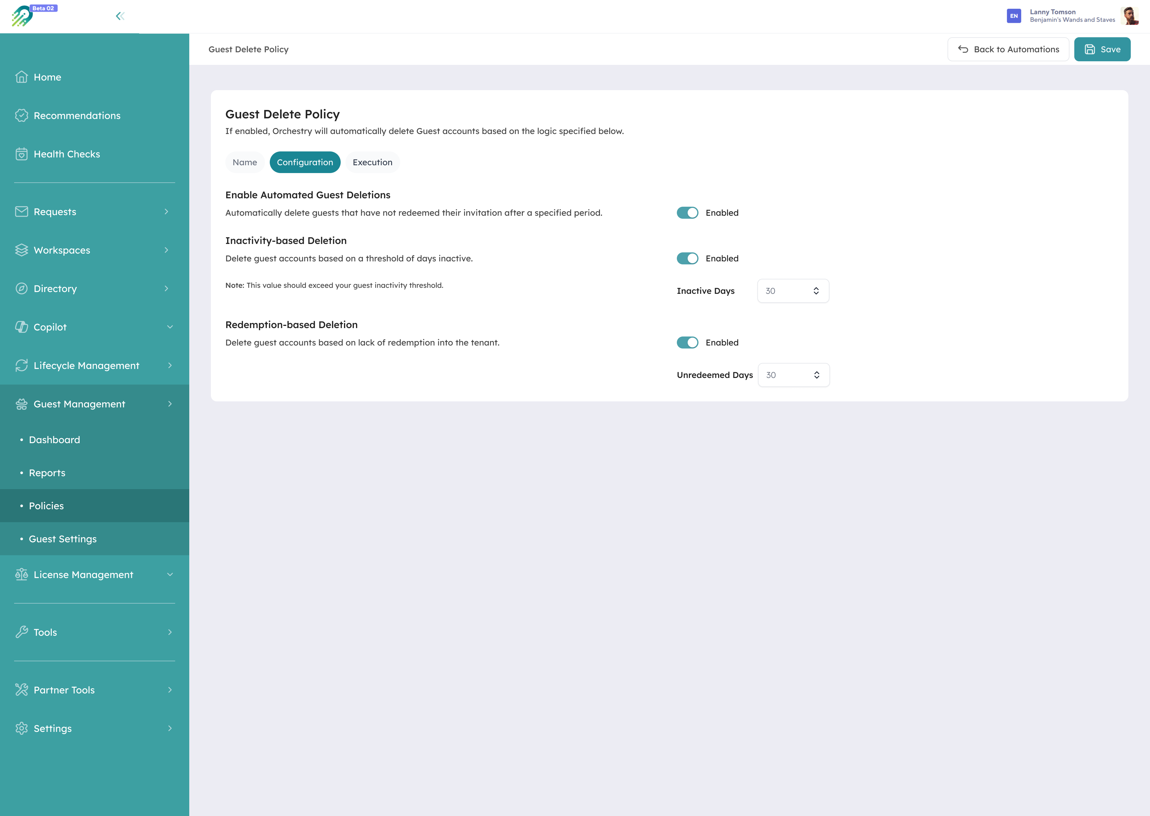 Orchestry Guest Delete Policy with automated deletion of inactive and unredeemed guest accounts enabled
