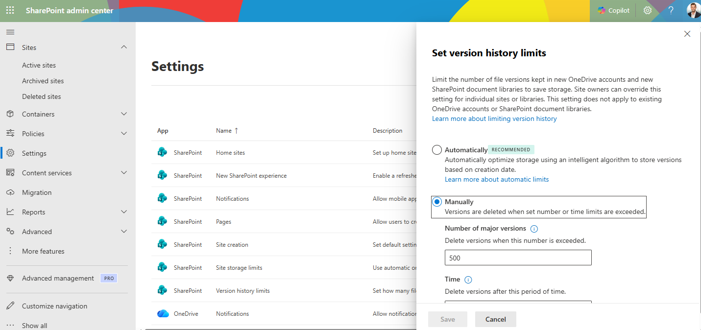 SharePoint Admin Center version history limits settings panel showing the Manually option selected with a limit of 500 major versions, alongside the Automatically option recommended by Microsoft