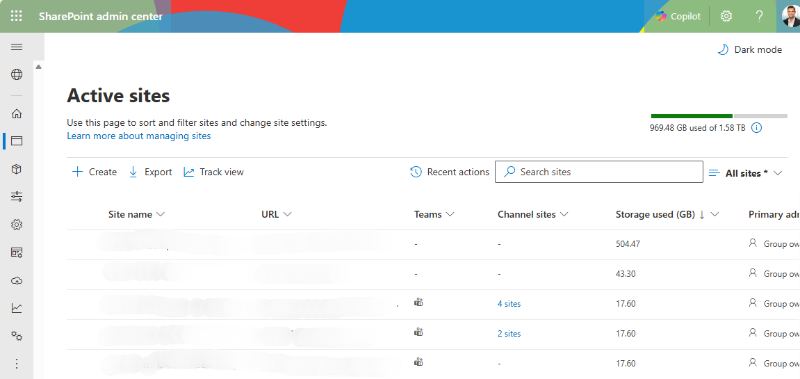 SharePoint Admin Center Active Sites view showing tenant storage at 969GB of 1.58TB with sites sorted by storage used in GB, illustrating the limitations of native Microsoft 365 storage reporting