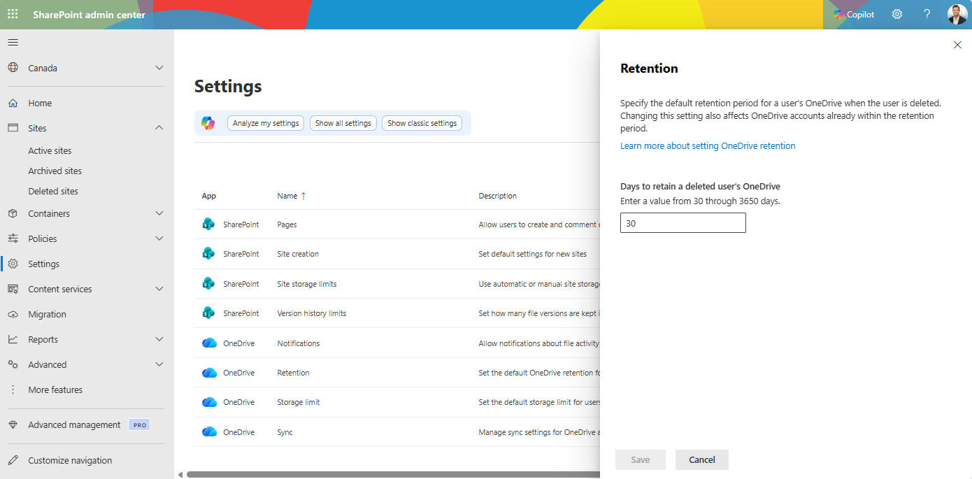  SharePoint Admin Center Settings panel showing the OneDrive Retention field with the default value of 30 days and the option to enter a value from 30 through 3650 days.