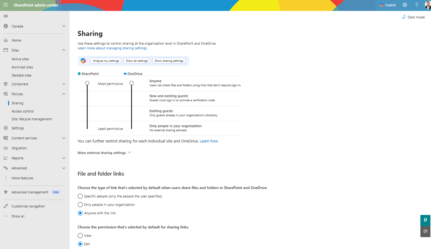 SharePoint Admin Center Sharing page showing the organization-level sharing slider set to Most permissive for both SharePoint and OneDrive, with "Anyone with the link" selected as the default file and folder link type.