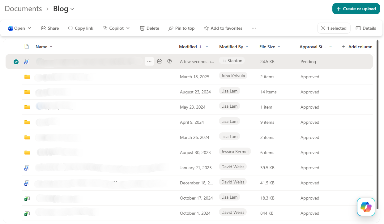 SharePoint document library approval status column with a file pending content approval
