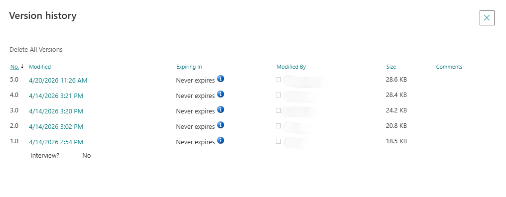 Version history pane in SharePoint Online showing five saved versions of a document