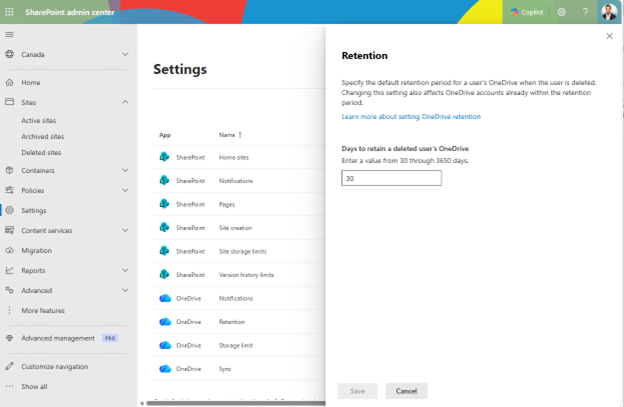 Screenshot of the SharePoint Admin Center Settings page showing the OneDrive Retention configuration panel. The panel displays a text input field set to 30 days for "Days to retain a deleted user's OneDrive" with explanatory text above stating this is the default retention period for a user's OneDrive when the user is deleted.