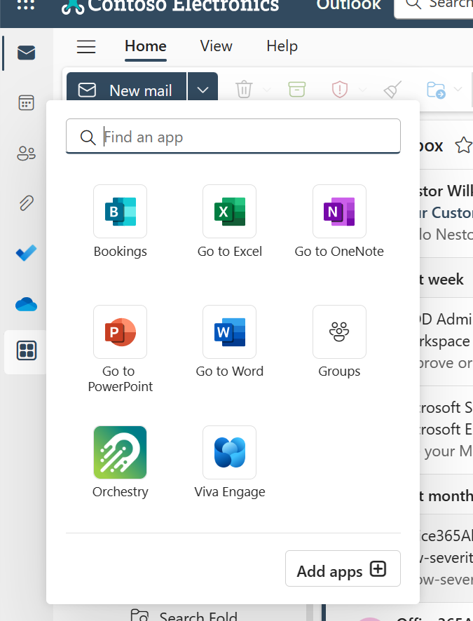 App bar with all the apps in the new outlook web desktop app