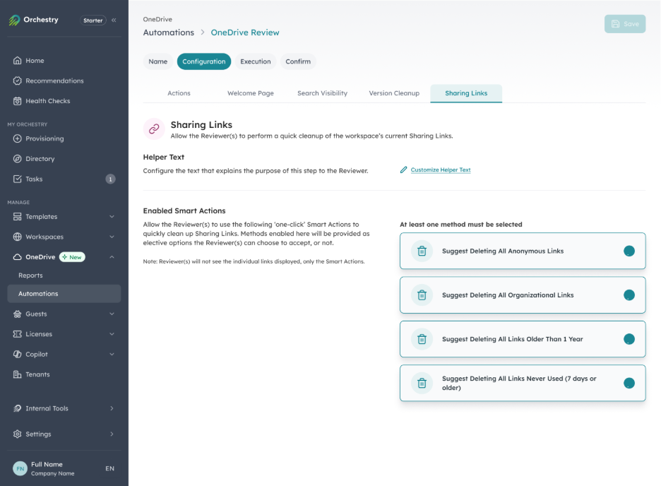 Orchestry OneDrive Review configuration with sharing-link smart actions for end users