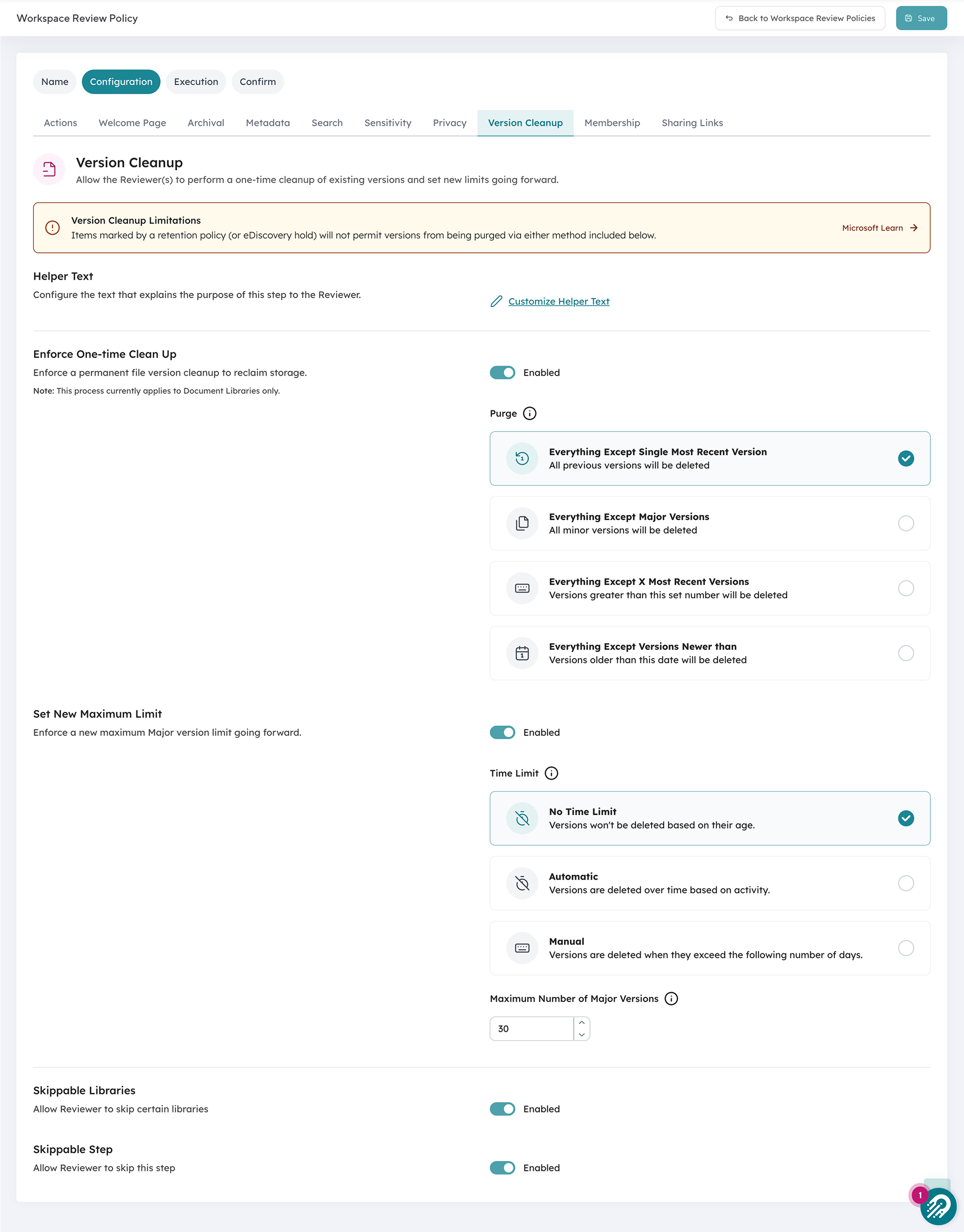 Orchestry version cleanup configuration showing version purge options and a new maximum major-version limit.