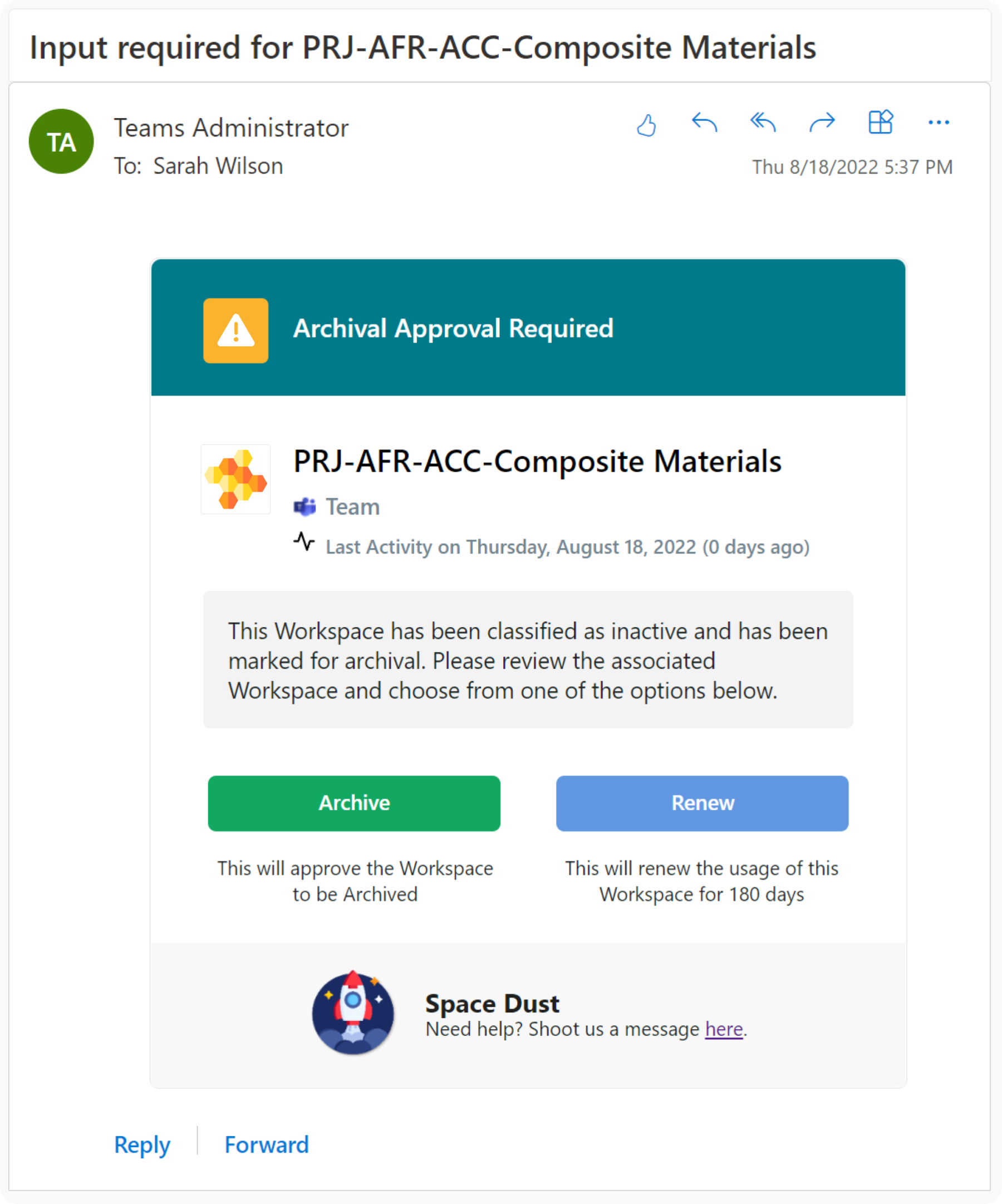Orchestry's automated Microsoft Teams archiving notification